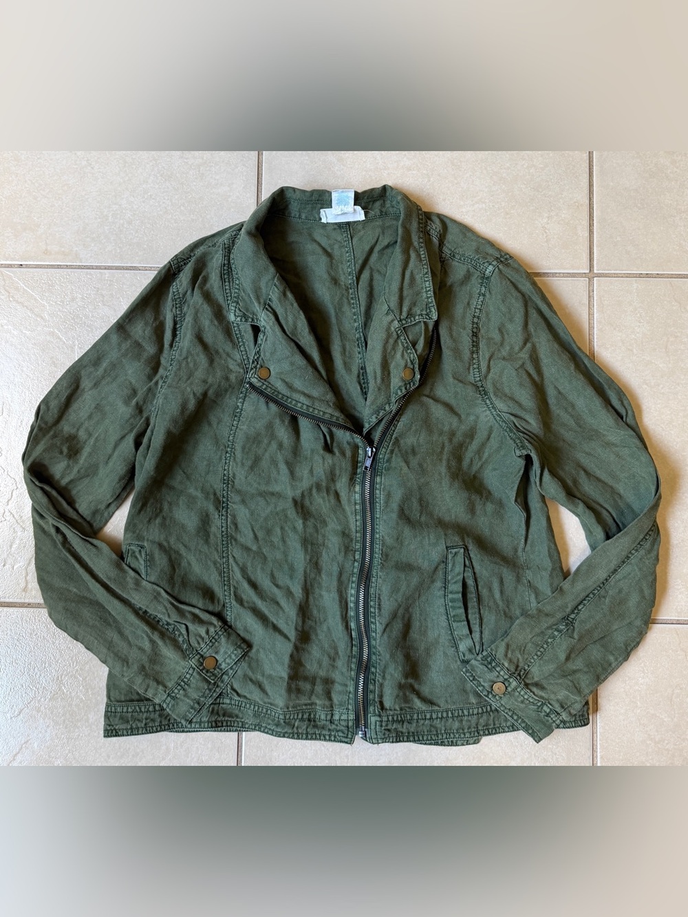 Cynthia Rowley 100% Linen Moto Jacket Womens Sz XL Olive Green Asymmetrical Zip